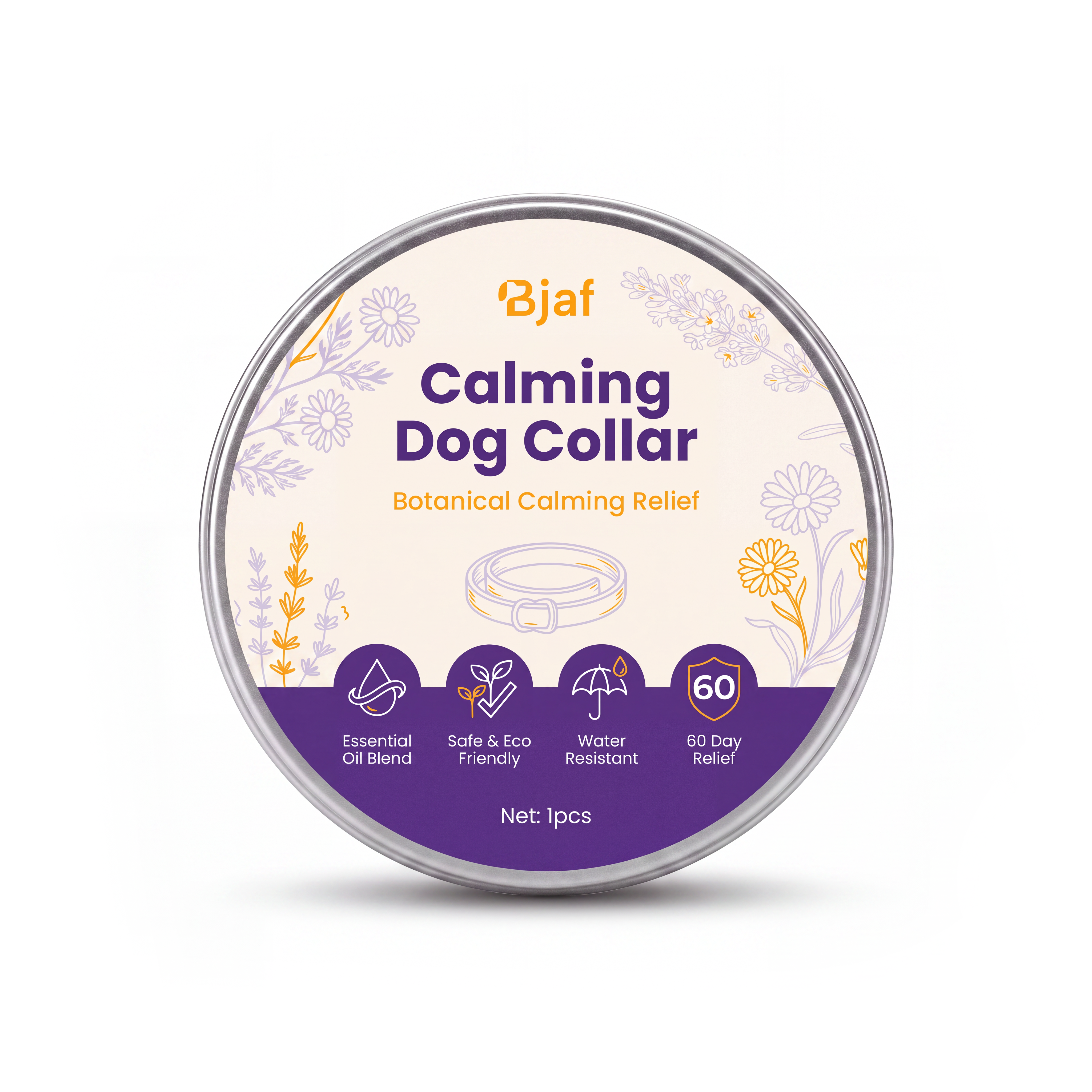 Bjaf Natural Calming Collar packaging, lavender, chamomile and pheromone collar for calm dogs