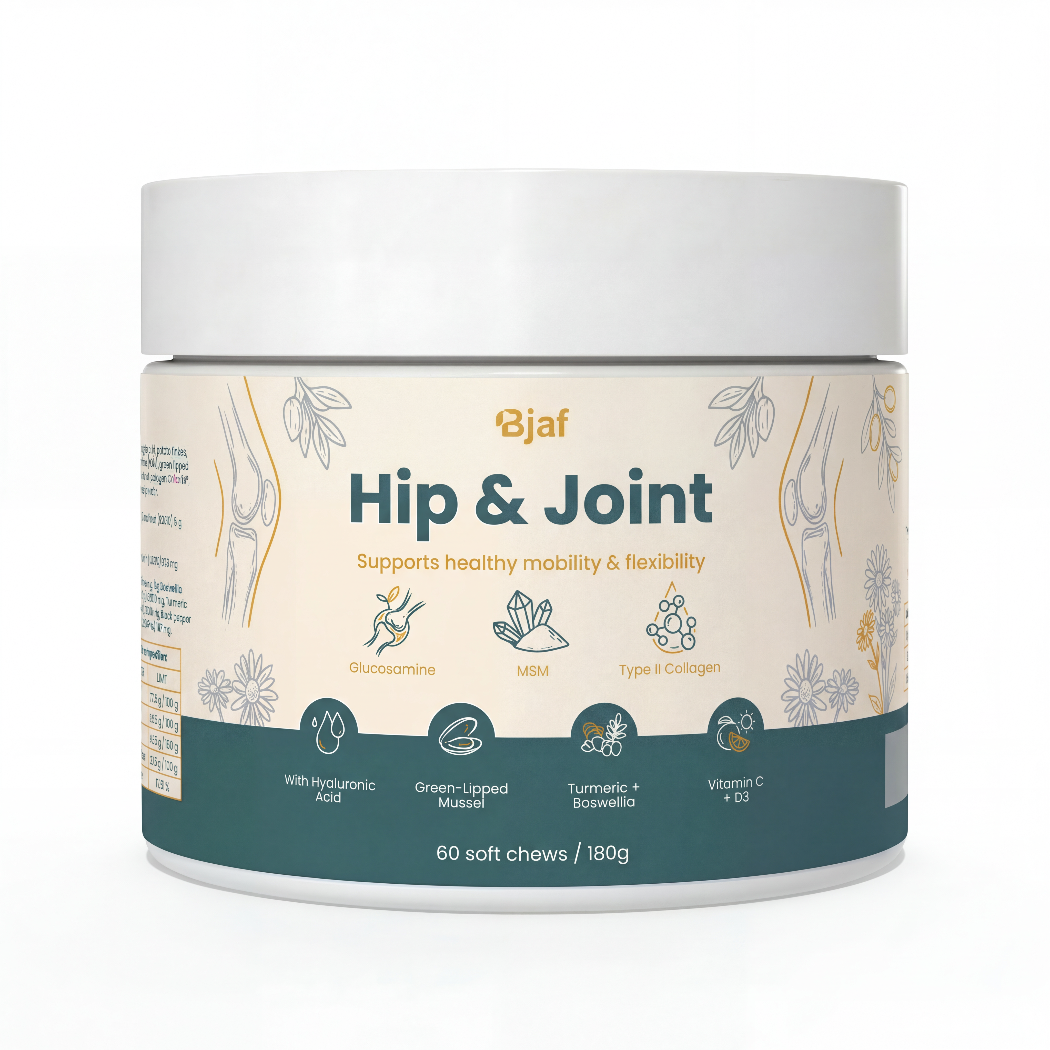 Bjaf Hip and Joint Chews jar on a soft, light background