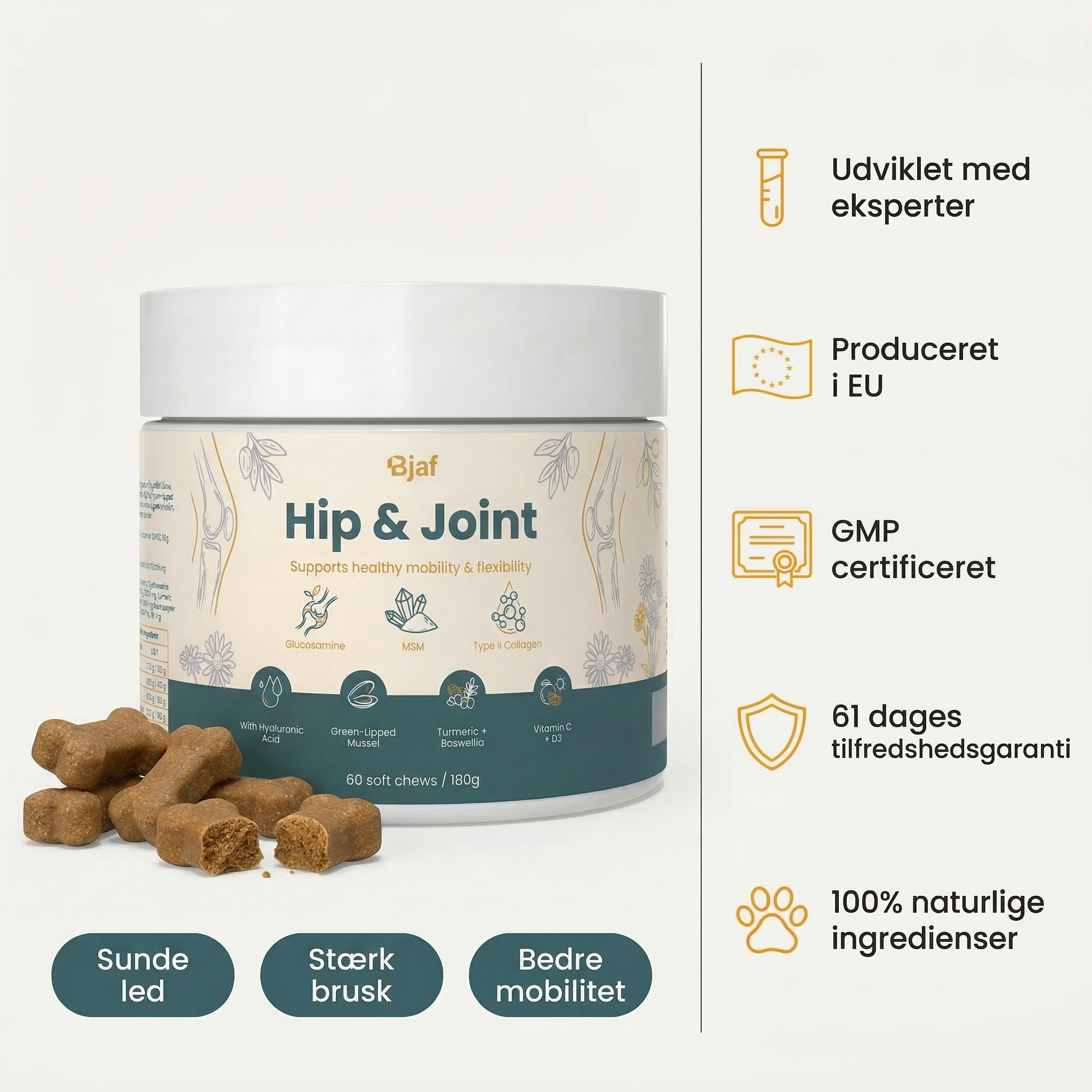 Bjaf Hip and Joint Chews tub with soft chews beside it