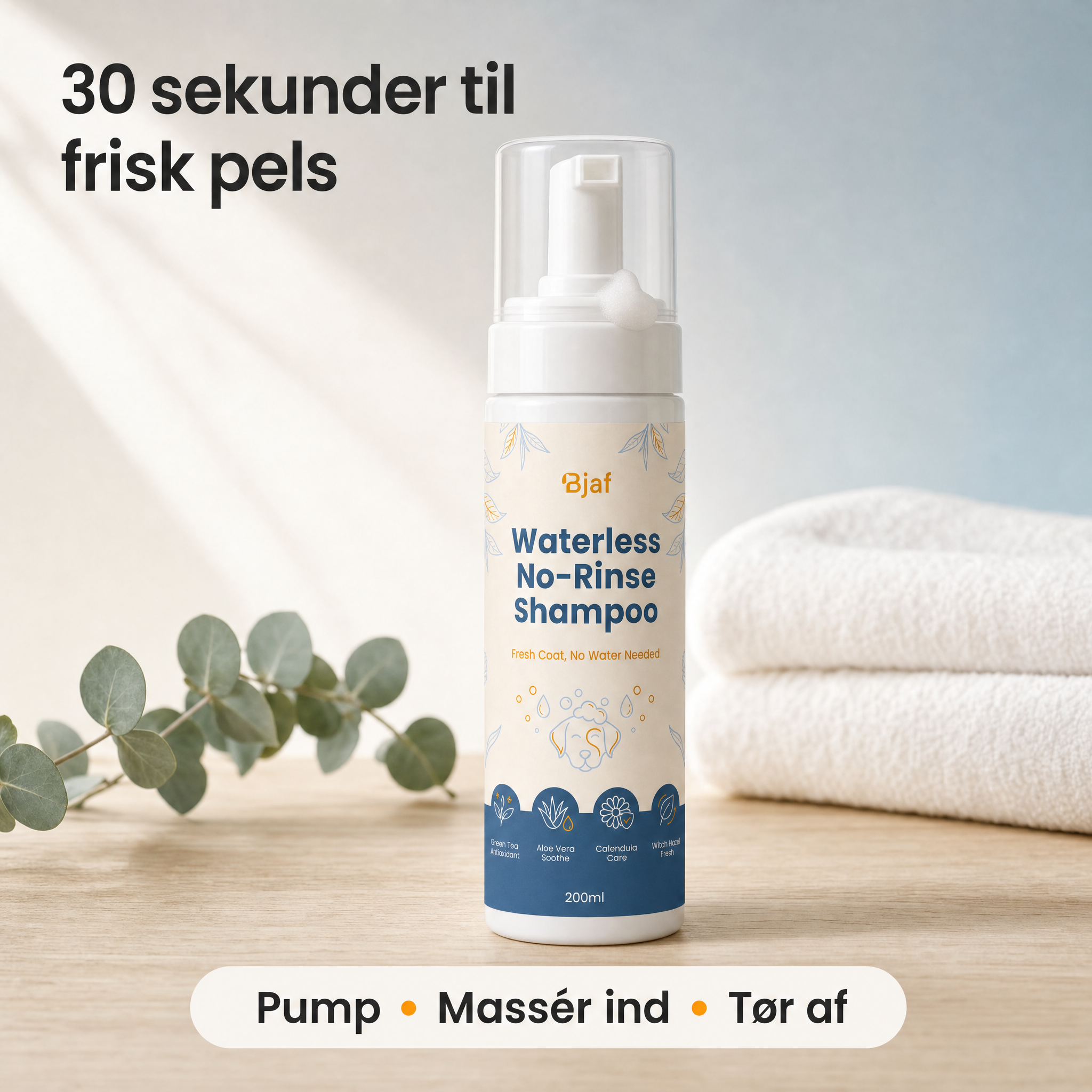 Wiping a dog's coat clean with a towel after waterless shampoo