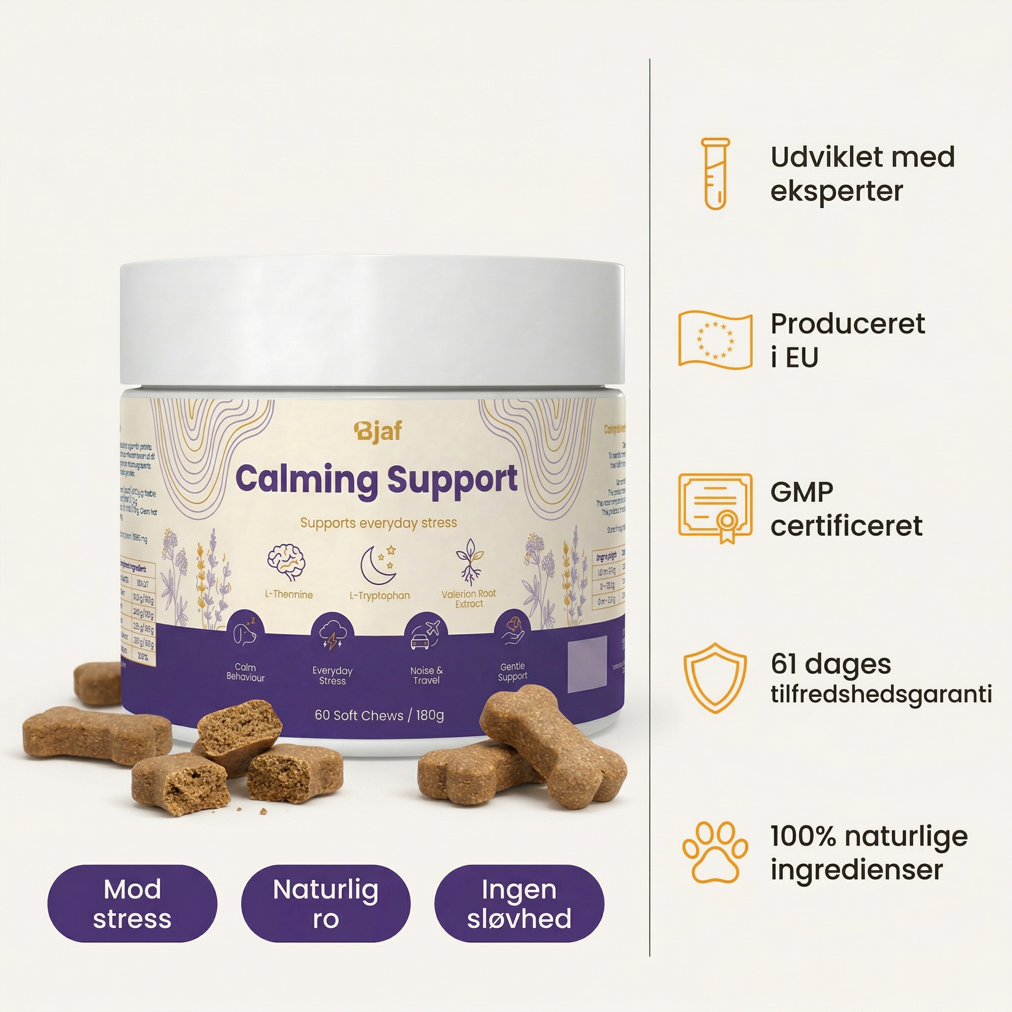 Bjaf Calming Support 180 g tub with soft chews beside it