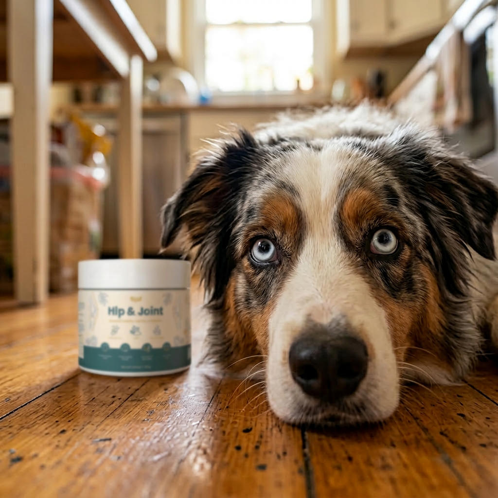 Bjaf Hip and Joint Chews shown with a dog resting in the background