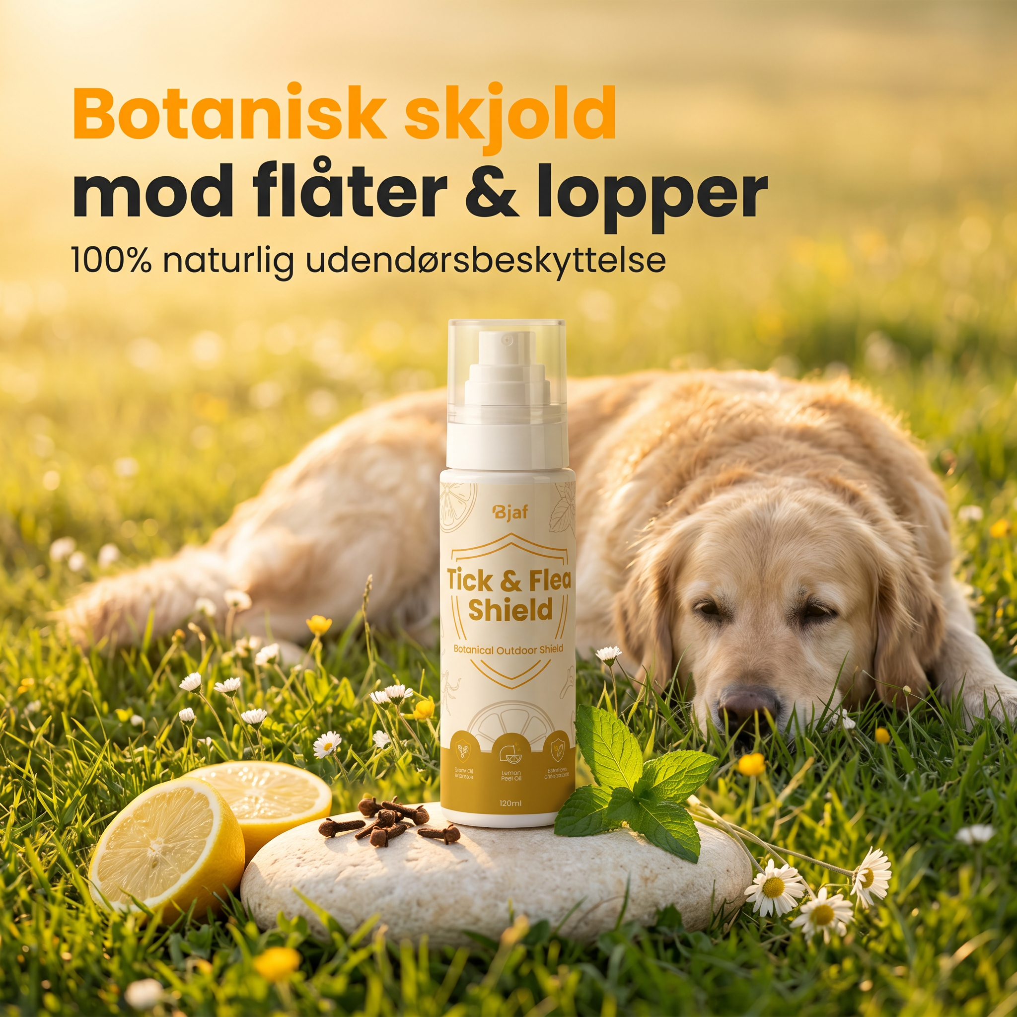 Spraying Bjaf Tick and Flea Shield Spray onto a dog's coat before a walk