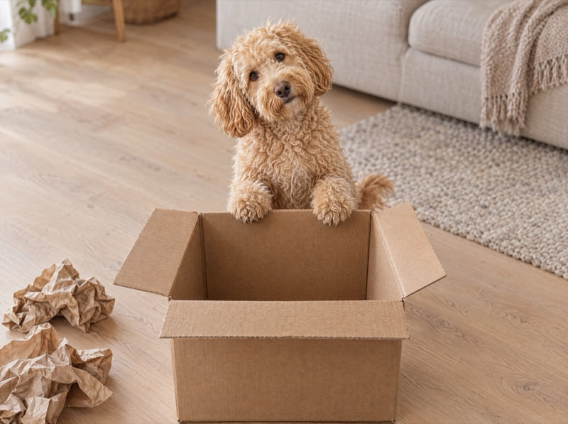 A dog peeking over the edge of an empty delivery box