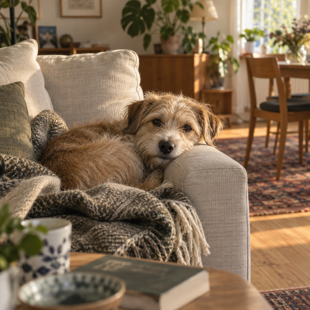 A small dog curled up on a sofa under a knitted blanket
