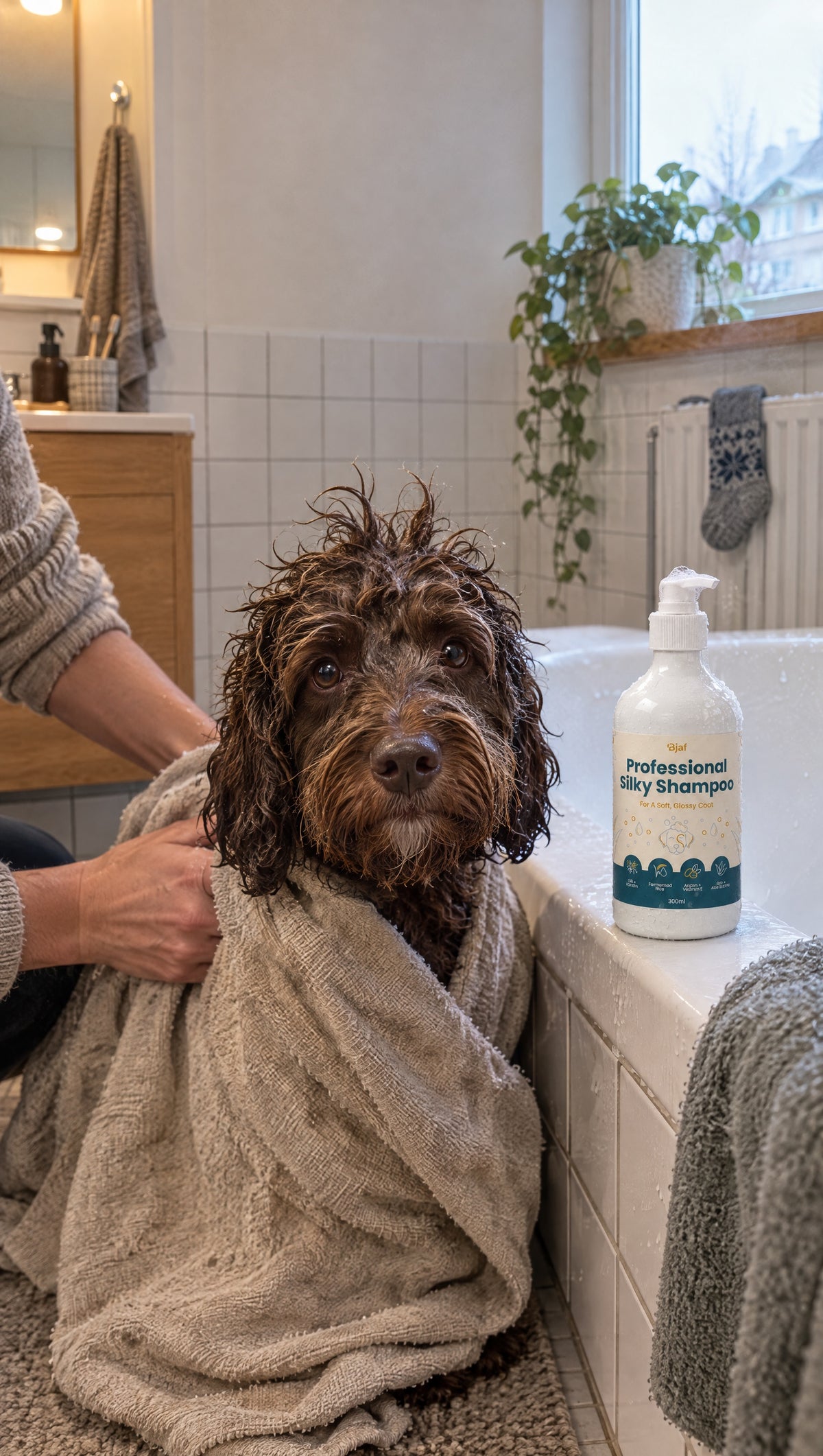 A wet, freshly bathed dog wrapped in a towel next to a bottle of Bjaf Professional Silky Shampoo