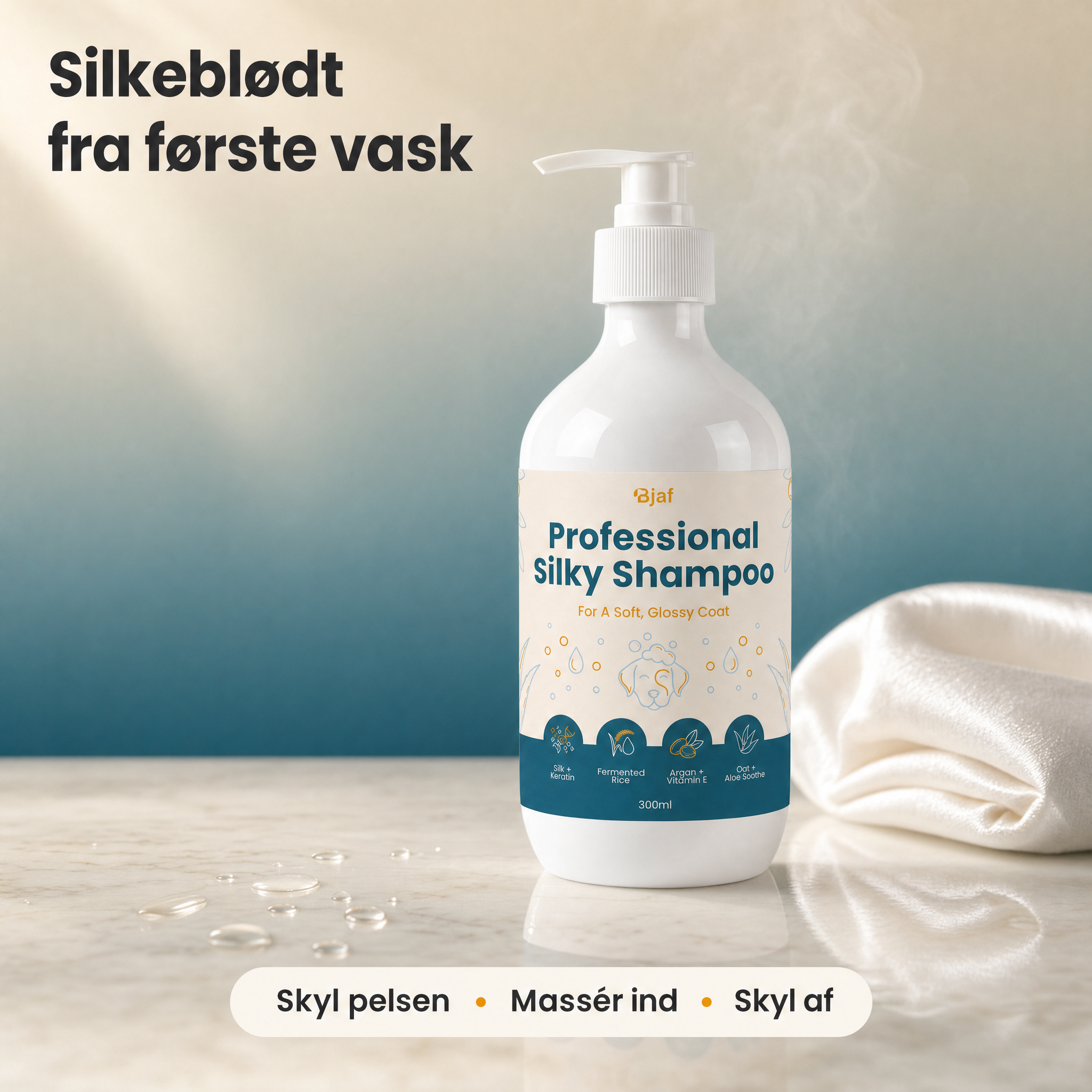Bjaf Professional Silky Shampoo bottle held during a home dog bath