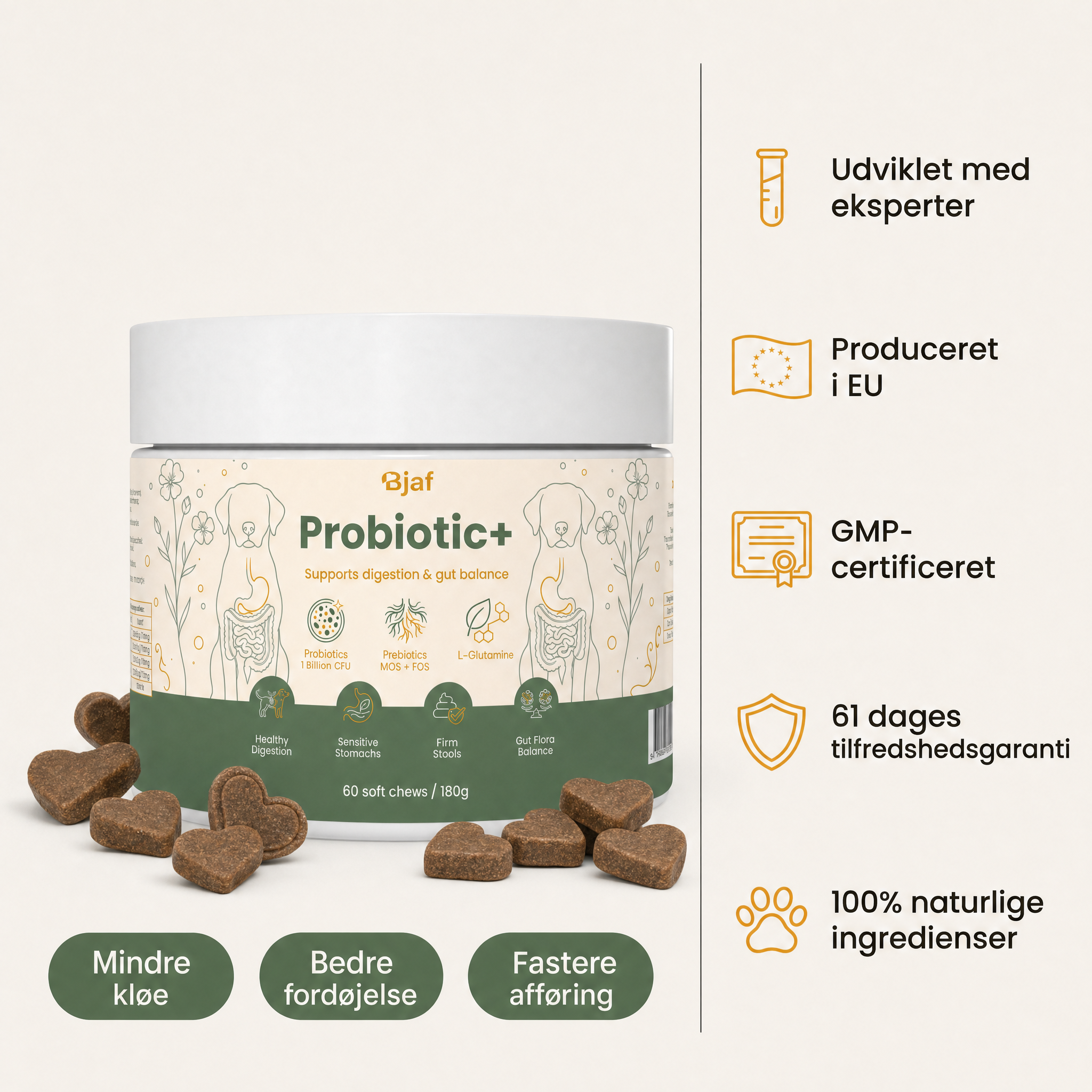 Bjaf Probiotic+ 180 g tub with soft chews beside it