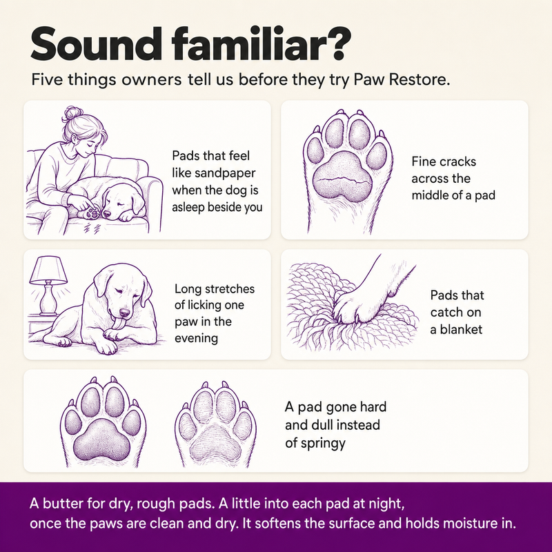 Sound familiar? Five things owners describe before trying Paw Restore: sandpaper pads, fine cracks, evening licking, pads that catch on a blanket, a pad gone hard and dull.