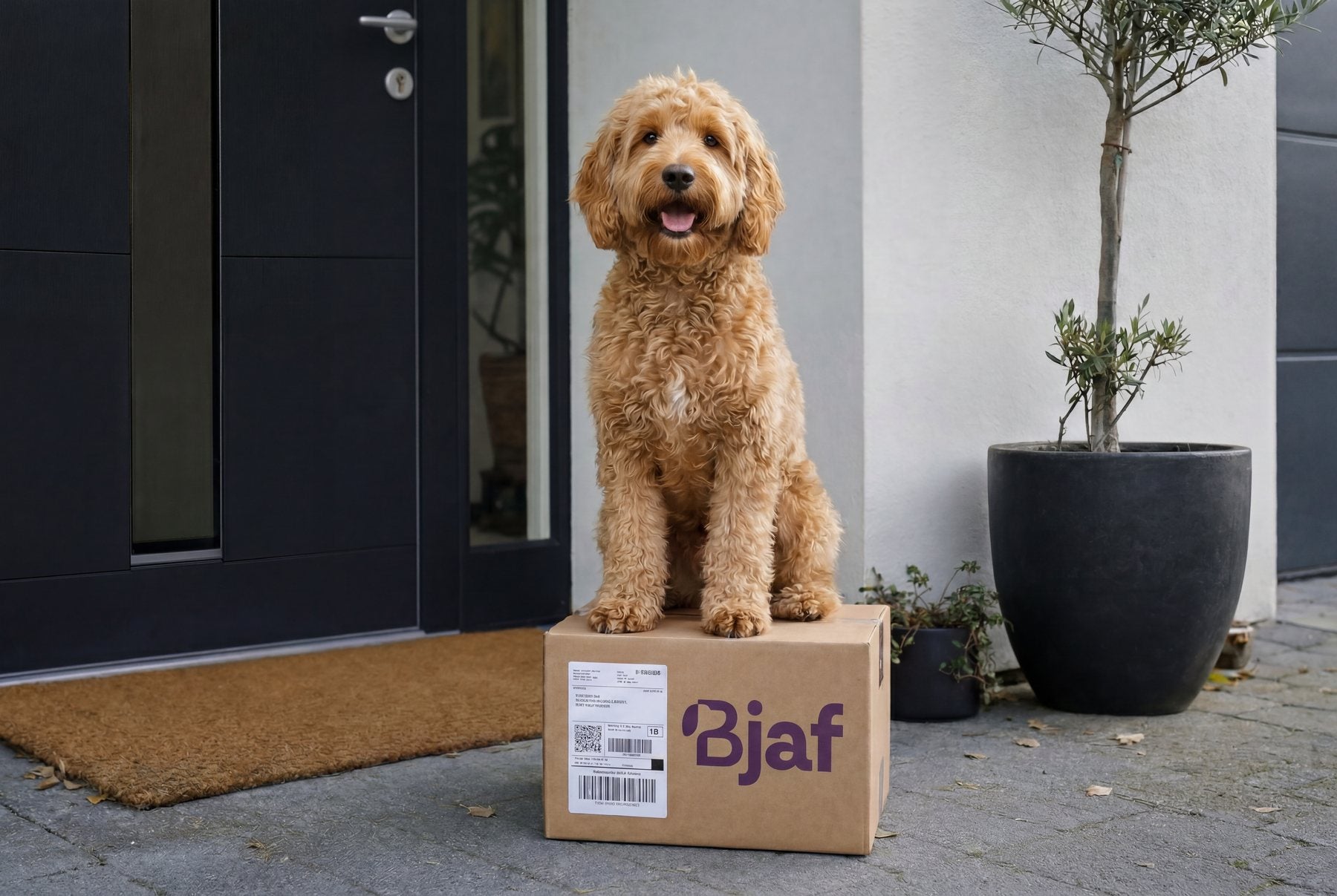 Translation missing: en.A dog with a delivered Bjaf parcel at the front door